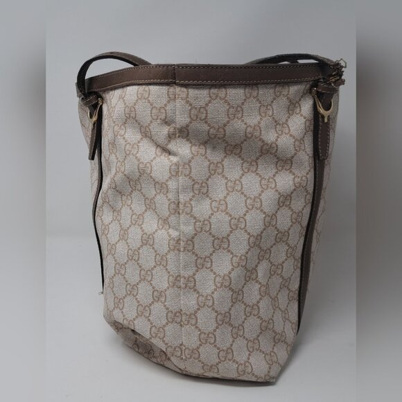 Gucci Women's Bag Tote Satchel Beige Monogram Leather Trim PVC 11.5 x 14.5 - Picture 11 of 16